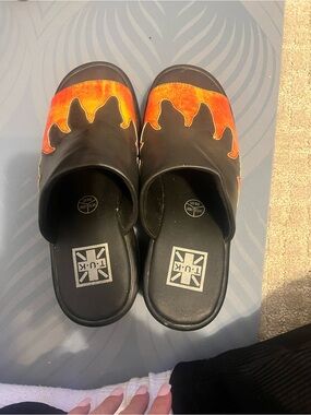 T.U.K Black Slides with Orange Flame Accent